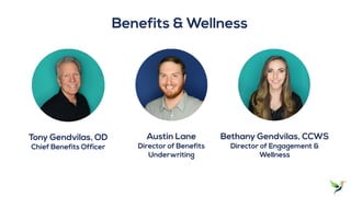 Tony Gendvilas, OD
Chief Benefits Officer
Ryan Braden
Chief Risk Officer
Austin Lane
Director of Benefits
Underwriting
Bethany Gendvilas, CCWS
Director of Engagement &
Wellness
Benefits & Wellness
 