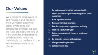 1. Be an innovator in holistic business health.
2. Create outside-in experiences that put our client’s
needs first.
3. Have a growth mindset.
4. Embrace individual strengths.
5. Exercise compassion, support and positivity.
6. Promote a culture of “yes!”
7. Cut no corners when it comes to health and
wellness.
8. Be strategic, engaged and proactive.
9. Always exceed expectations.
10. Collaboration is key!
Our Values
We empower employees to
self-manage and produce
their very best quality of
work. By treating our
employees the best we can,
we have created a culture of
hard working, independent,
collaborative and caring
individuals that reflects in the
service we provide to our
clients.
 