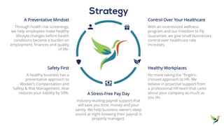 Strategy
Healthy Workplaces
No more taking the ”fingers-
crossed approach to HR. We
believe in proactive support from
a professional HR team that cares
about your company as much as
you do.
Control Over Your Healthcare
With an incentivized wellness
program and our Freedom to Fly
Guarantee, we give small businesses
control over healthcare rate
increases.
Safety First
A healthy business has a
preventative approach to
Worker’s Compensation and
Safety & Risk Management. Aliat
reduces your liability by 50%. A Stress-Free Pay Day
Industry-leading payroll support that
will save you time, money and your
sanity. We help business owners sleep
sound at night knowing their payroll is
properly managed.
A Preventative Mindset
Through health risk screenings,
we help employees make healthy
lifestyle changes before health
conditions become a burden on
employment, finances and quality
of life.
 