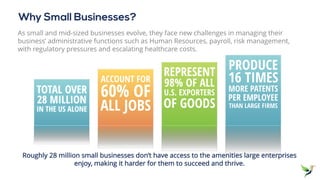 Roughly 28 million small businesses don’t have access to the amenities large enterprises
enjoy, making it harder for them to succeed and thrive.
As small and mid-sized businesses evolve, they face new challenges in managing their
business’ administrative functions such as Human Resources, payroll, risk management,
with regulatory pressures and escalating healthcare costs.
Why Small Businesses?
 