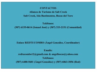 CONTACTOS
Alianza de Turismo de Salt Creek
Salt Creek, Isla Bastimentos, Bocas del Toro
Teléfonos:
(507) 6155-0614 (Ismael...