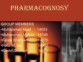 PHARMACOGNOSY
GROUP MEMBERS
•Muhammad Asad 14053
•Muhammad Ali Aziz 14145
•Faisal Shahzad 14075
•Hafiz M. Ijaz 14092
•Kashif Ghafoor 14002
 