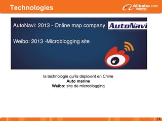 Technologies
18
la technologie qu'ils déploient en Chine
Auto marine
Weibo: site de microblogging
 