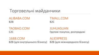 Торговельні майданчики
ALIBABA.COM
B2B
TAOBAO.COM
C2C
1688.COM
B2B (для внутрішнього бізнесу)
TMALL.COM
B2C
JUHUASUAN
Групові покупки, розпродажі
ALIEXPRESS
B2B (для міжнародного бізнесу)
 