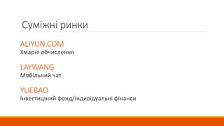 Суміжні ринки
ALIYUN.COM
Хмарні обчислення
LAYWANG
Мобільний чат
YUEBAO
Інвестиціний фонд/індивідуальні фінанси
 