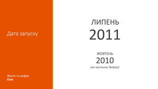Дата запуску
ЛИПЕНЬ
2011
ЖОВТЕНЬ
2010
(як частина Taobao)
Факти та цифри
Etao
 