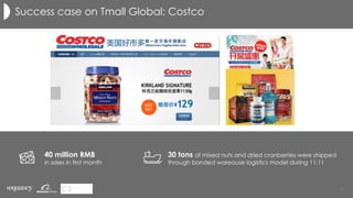 34	
Success case on Tmall Global: Costco
40 million RMB
in sales in first month
30 tons of mixed nuts and dried cranberries were shipped
through bonded wareouse logistics model during 11:11
 