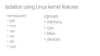 Isolation using Linux kernel features
namespaces
●
pid
●
mnt
●
net
●
uts
●
ipc
●
user
cgroups
●
memory
●
cpu
●
blkio
●
devices
 