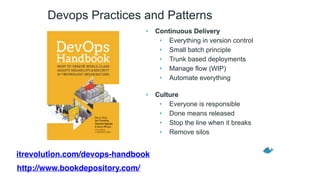 Devops Practices and Patterns
• Continuous Delivery
• Everything in version control
• Small batch principle
• Trunk based deployments
• Manage flow (WIP)
• Automate everything 
• Culture
• Everyone is responsible
• Done means released
• Stop the line when it breaks
• Remove silos
3
itrevolution.com/devops-handbook
http://www.bookdepository.com/
 