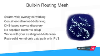 Built-in Routing Mesh
Swarm-wide overlay networking
Container-native load-balancing
DNS-based service discovery
No separate cluster to setup
Works with your existing load-balancers
Rock-solid kernel-only data path with IPVS
 