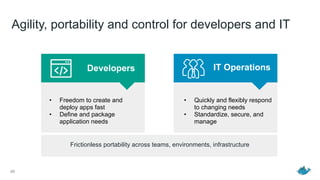Agility, portability and control for developers and IT
Developers IT Operations
• Freedom to create and
deploy apps fast
• Define and package
application needs
• Quickly and flexibly respond
to changing needs
• Standardize, secure, and
manage
Frictionless portability across teams, environments, infrastructure
49
 