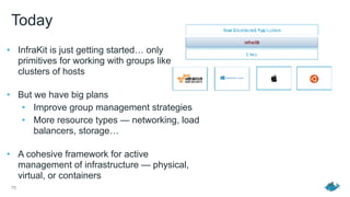Today
75
• InfraKit is just getting started… only
primitives for working with groups like
clusters of hosts 
• But we have big plans
• Improve group management strategies
• More resource types — networking, load
balancers, storage… 
• A cohesive framework for active
management of infrastructure — physical,
virtual, or containers
 