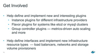 Get Involved
• Help define and implement new and interesting plugins
• Instance plugins for different infrastructure providers
• Flavor plugins for systems like etcd or mysql clusters
• Group controller plugins — metrics-driven auto scaling
and more 
• Help define interfaces and implement new infrastructure
resource types — load balancers, networks and storage
volume provisioners
76
 
