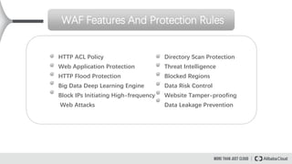 HTTP ACL Policy
Web Application Protection
HTTP Flood Protection
Big Data Deep Learning Engine
Block IPs Initiating High-frequency
Web Attacks
WAF Features And Protection Rules
Directory Scan Protection
Threat Intelligence
Blocked Regions
Data Risk Control
Website Tamper-proofing
Data Leakage Prevention
 