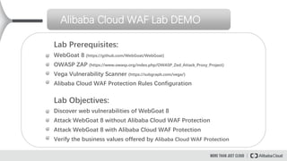 Lab Prerequisites:
WebGoat 8 (https://github.com/WebGoat/WebGoat)
OWASP ZAP (https://www.owasp.org/index.php/OWASP_Zed_Attack_Proxy_Project)
Vega Vulnerability Scanner (https://subgraph.com/vega/)
Alibaba Cloud WAF Protection Rules Configuration
Alibaba Cloud WAF Lab DEMO
Lab Objectives:
Discover web vulnerabilities of WebGoat 8
Attack WebGoat 8 without Alibaba Cloud WAF Protection
Attack WebGoat 8 with Alibaba Cloud WAF Protection
Verify the business values offered by Alibaba Cloud WAF Protection
 