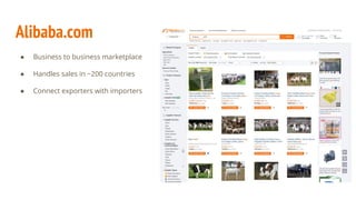 Alibaba.com
● Business to business marketplace
● Handles sales in ~200 countries
● Connect exporters with importers
 