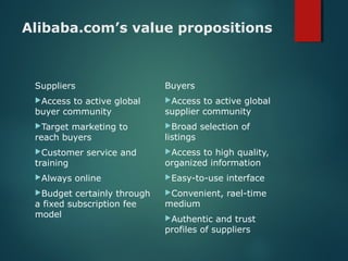 Alibaba.com’s value propositions
Suppliers
Access to active global
buyer community
Target marketing to
reach buyers
Customer service and
training
Always online
Budget certainly through
a fixed subscription fee
model
Buyers
Access to active global
supplier community
Broad selection of
listings
Access to high quality,
organized information
Easy-to-use interface
Convenient, rael-time
medium
Authentic and trust
profiles of suppliers
 