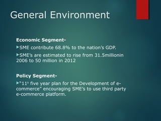General Environment
Economic Segment-
SME contribute 68.8% to the nation’s GDP.
SME’s are estimated to rise from 31.5millionin
2006 to 50 million in 2012
Policy Segment-
“11th
five year plan for the Development of e-
commerce” encouraging SME’s to use third party
e-commerce platform.
 