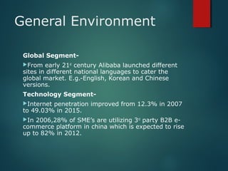 General Environment
Global Segment-
From early 21st
century Alibaba launched different
sites in different national languages to cater the
global market. E.g.-English, Korean and Chinese
versions.
Technology Segment-
Internet penetration improved from 12.3% in 2007
to 49.03% in 2015.
In 2006,28% of SME’s are utilizing 3rd
party B2B e-
commerce platform in china which is expected to rise
up to 82% in 2012.
 