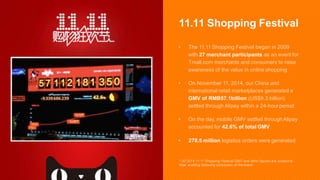 11.11 Shopping Festival
• The 11.11 Shopping Festival began in 2009
with 27 merchant participants as an event for
Tmall.com merchants and consumers to raise
awareness of the value in online shopping.
• On November 11, 2014, our China and
international retail marketplaces generated a
GMV of RMB57.1billion (US$9.3 billion)
settled through Alipay within a 24-hourperiod.
• On the day, mobile GMV settled throughAlipay
accounted for 42.6% of total GMV.
• 278.5 million logistics orders were generated.
* All 2014 11.11 Shopping Festival GMV and other figures are subject to
final auditing following conclusion of the event.
 
