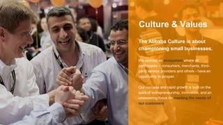 Culture & Values
The Alibaba Culture is about
championing small businesses.
We operate an ecosystem where all
participants – consumers, merchants, third-
party service providers and others - have an
opportunity to prosper.
Our success and rapid growth is built on the
spirit of entrepreneurship, innovation, and an
unwavering focus on meeting the needs of
our customers.
 