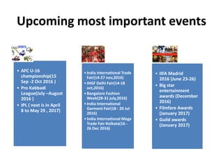 Upcoming most important events
• AFC U-16
championship(15
Sep -2 Oct 2016 )
• Pro Kabbadi
League(July –August
2016 )
• IPL ( next is in April
8 to May 29 , 2017)
•India International Trade
Fair(14-27 nov,2016)
•IHGF Delhi Fair(14-18
oct,2016)
•Bangalore Fashion
Week(28-31 july,2016)
•India International
Garment Fair(18 - 20 Jul
2016)
•India International Mega
Trade Fair-Kolkata(16 -
26 Dec 2016)
• IIFA Madrid
2016 (June 23-26)
• Big star
entertainment
awards (December
2016)
• Filmfare Awards
(January 2017)
• Guild awards
(January 2017)
 