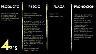 PRODUCTO                            PRECIO                          PLAZA        PROMOCION
Servicio e-commerce que       El precio se cobrará             Página web:
entrega un espacio de         diferencialmente según dos                         •Banners que destaquen los
búsqueda y oferta de          segmentos:                       www.taobabo.com   beneficios de usar el pago
productos o servicios en el                                                      seguro “Alipay”.
mercado chino.
                              •Pequeñas compras (C2C): Se                        •Publicidad en las calles
                              cobrara un 2% del total de la                      más transitadas de China.
                              venta, siendo cobrado un 1% al                     •Presencia en diarios y
                              vendedor y un 1% al                                revistas donde se
                              comprador. Lo que tendrá                           especifique en que consiste
                              ingresos evaluados en                              el nuevo sistema y se
                              $133.128.240.000 de dólares.                       eduque a los consumidores.
                              (Datos caso)
                                                                                 •Comerciales de TV
                              •Grandes compras (B2C): Se                         explicando el nuevo sistema
                              cobrara un 3% del total de la                      y los beneficios del pago
                              venta, siendo cobrado un el                        seguro.




4
                              total al vendedor. Lo que
                              tendrá ingresos evaluados en
                              $3.629.646.372.000 de dólares.
                              (Datos 2011)


            P`S               INGRESOS A LA EMPRESA
                              EN $3.762.774.612.000
 