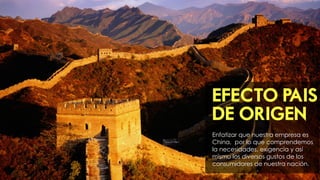 EFECTO PAIS
DE ORIGEN
Enfatizar que nuestra empresa es
China, por lo que comprendemos
la necesidades, exigencia y así
mismo los diversos gustos de los
consumidores de nuestra nación.
 