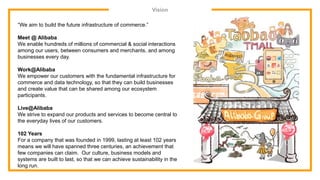 Vision
“We aim to build the future infrastructure of commerce.”
Meet @ Alibaba
We enable hundreds of millions of commercial & social interactions
among our users, between consumers and merchants, and among
businesses every day.
Work@Alibaba
We empower our customers with the fundamental infrastructure for
commerce and data technology, so that they can build businesses
and create value that can be shared among our ecosystem
participants.
Live@Alibaba
We strive to expand our products and services to become central to
the everyday lives of our customers.
102 Years
For a company that was founded in 1999, lasting at least 102 years
means we will have spanned three centuries, an achievement that
few companies can claim. Our culture, business models and
systems are built to last, so that we can achieve sustainability in the
long run.
 