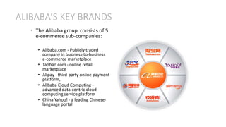 ALIBABA’S KEY BRANDS
• The Alibaba group consists of 5
e-commerce sub-companies:
• Alibaba.com - Publicly traded
company in business-to-business
e-commerce marketplace
• Taobao.com - online retail
marketplace
• Alipay - third-party online payment
platform,
• Alibaba Cloud Computing -
advanced data-centric cloud
computing service platform
• China Yahoo! - a leading Chinese-
language portal
 