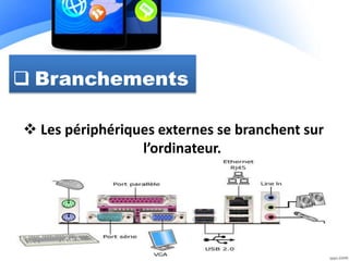  Branchements
 Les périphériques externes se branchent sur
l’ordinateur.
 