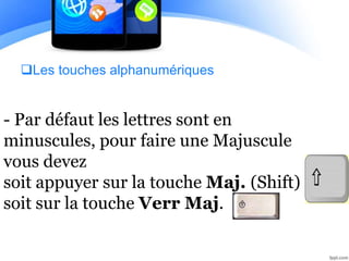 Les touches alphanumériques
- Par défaut les lettres sont en
minuscules, pour faire une Majuscule
vous devez
soit appuyer sur la touche Maj. (Shift)
soit sur la touche Verr Maj.
 