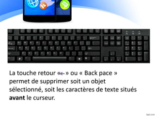 La touche retour « » ou « Back pace »
permet de supprimer soit un objet
sélectionné, soit les caractères de texte situés
avant le curseur.
 