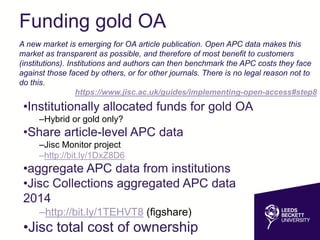 Funding gold OA
A new market is emerging for OA article publication. Open APC data makes this
market as transparent as possible, and therefore of most benefit to customers
(institutions). Institutions and authors can then benchmark the APC costs they face
against those faced by others, or for other journals. There is no legal reason not to
do this.
https://www.jisc.ac.uk/guides/implementing-open-access#step8
•Institutionally allocated funds for gold OA
–Hybrid or gold only?
•Share article-level APC data
–Jisc Monitor project
–http://bit.ly/1DxZ8D6
•aggregate APC data from institutions
•Jisc Collections aggregated APC data
2014
–http://bit.ly/1TEHVT8 (figshare)
•Jisc total cost of ownership
 
