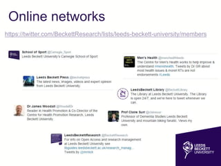Online networks
https://twitter.com/BeckettResearch/lists/leeds-beckett-university/members
 