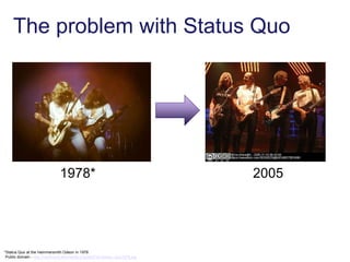 The problem with Status Quo
*Status Quo at the Hammersmith Odeon in 1978
Public domain - http://commons.wikimedia.org/wiki/File:Status_Quo1978.jpg
1978* 2005
 
