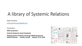 A library of Systemic Relations
Birger Sevaldson
www.systemsorienteddesign.net
Presentation
RSD5 Symposium
Systemic Design for Social Complexity
Relating Systems Thinking and Design (RSD5) Symposium
OCAD University Toronto, Canada October 13-15, 2016
 
