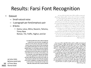 Results: Farsi Font Recognition
     • Dataset
            – Small natural noise
            – 1 paragraph per font/emphasis pair
            – 8 fonts:
                  • Homa, Lotus, Mitra, Nazanin, Tahoma,
                    Times New
                    Roman, Titr, Traffic, Yaghut, and Zar




         a: Lotus italic
         b:Homa bold italic
   [a]   c:Times New
[b][c]   Roman bold
 