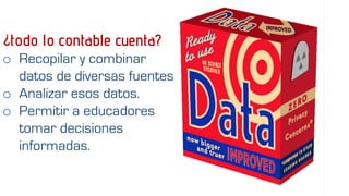¿todo lo contable cuenta?
o Recopilar y combinar
datos de diversas fuentes.
o Analizar esos datos.
o Permitir a educadores
tomar decisiones
informadas.
 