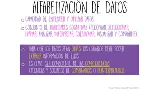 alfabetización de datos
oCapacidad de entender y utilizar datos.
oConjunto de habilidades cognitivas (recopilar, seleccionar,
limpiar, analizar, interpretar, cuestionar, visualizar y compartir).
Frank, Walker, Attard & Tygel,(2016).
o Para que los datos sean útiles, los usuarios debe poder
extraer información de ellos.
o es clave ser consciente de las consecuencias
(técnicas Y sociales) de combinarlos o reinterpretarlos.
 