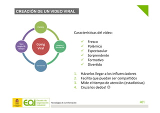 Tecnologías de la Información
CREACIÓN DE UN VIDEO VIRAL
401
	
  
	
  
Caracterís4cas	
  del	
  vídeo:	
  
	
  
ü  Fresco...