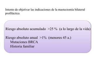 Intento de objetivar las indicaciones de la mastectomía bilateral
profiláctica
Riesgo absoluto acumulado >25 % (a lo largo de la vida)
Riesgo absoluto anual >1% (menores 45 a.)
Mutaciones BRCA
Historia familiar
 