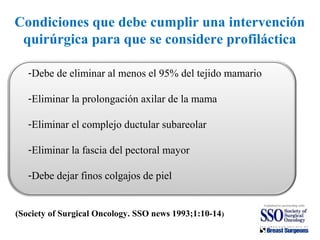 Condiciones que debe cumplir una intervención
quirúrgica para que se considere profiláctica
-Debe de eliminar al menos el 95% del tejido mamario
-Eliminar la prolongación axilar de la mama
-Eliminar el complejo ductular subareolar
-Eliminar la fascia del pectoral mayor
-Debe dejar finos colgajos de piel
(Society of Surgical Oncology. SSO news 1993;1:10-14)
 