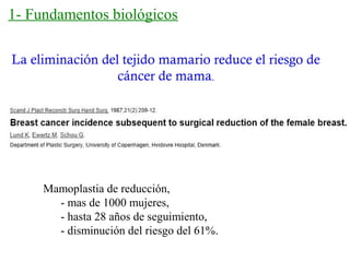 1- Fundamentos biológicos
La eliminación del tejido mamario reduce el riesgo de
cáncer de mama.
Mamoplastia de reducción,
- mas de 1000 mujeres,
- hasta 28 años de seguimiento,
- disminución del riesgo del 61%.
 