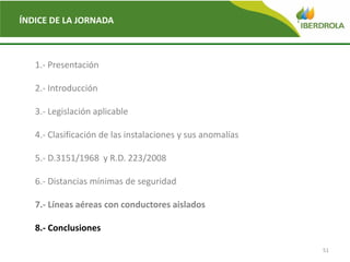51
ÍNDICE DE LA JORNADA
1.- Presentación
2.- Introducción
3.- Legislación aplicable
4.- Clasificación de las instalaciones y sus anomalías
5.- D.3151/1968 y R.D. 223/2008
6.- Distancias mínimas de seguridad
7.- Líneas aéreas con conductores aislados
8.- Conclusiones
 