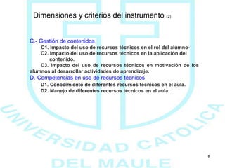 Dimensiones y criterios del instrumento (2)
8
C.- Gestión de contenidos
C1. Impacto del uso de recursos técnicos en el rol del alumno-
C2. Impacto del uso de recursos técnicos en la aplicación del
contenido.
C3. Impacto del uso de recursos técnicos en motivación de los
alumnos al desarrollar actividades de aprendizaje.
D.-Competencias en uso de recursos técnicos
D1. Conocimiento de diferentes recursos técnicos en el aula.
D2. Manejo de diferentes recursos técnicos en el aula.
 