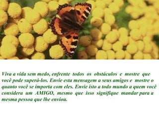 Viva a vida sem medo, enfrente todos os obstáculos e mostre que
você pode superá-los. Envie esta mensagem a seus amigos e mostre o
quanto você se importa com eles. Envie isto a todo mundo a quem você
considera um AMIGO, mesmo que isso signifique mandar para a
mesma pessoa que lhe enviou.
 