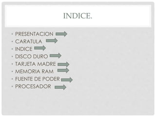 INDICE.
• PRESENTACION
• CARATULA
• INDICE
• DISCO DURO
• TARJETA MADRE
• MEMORIA RAM
• FUENTE DE PODER
• PROCESADOR
 