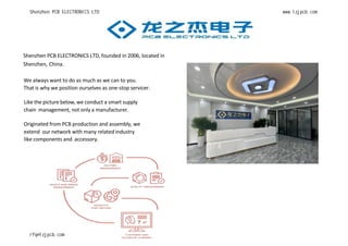 Shenzhen PCB ELECTRONICS LTD, founded in 2006, located in
Shenzhen, China.
We always want to do as much as we can to you.
That is why we position ourselves as one-stop servicer.
Like the picture below, we conduct a smart supply
chain management, not only a manufacturer.
Originated from PCB production and assembly, we
extend our network with many related industry
like components and accessory.
Shenzhen PCB ELECTRONICS LTD www.lzjpcb.com
rfq@lzjpcb.com
 