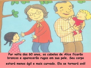 Por volta dos 60 anos, os cabelos de Alice ficarão brancos e aparecerão rugas em sua pele. Seu corpo estará menos ágil e mais curvado. Ela se tornará avó!   